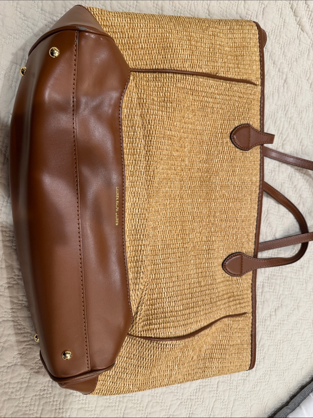 Lauren Ralph Lauren Tan Woven Straw Tote with Brown Leather Trim - Picture 6 of 17